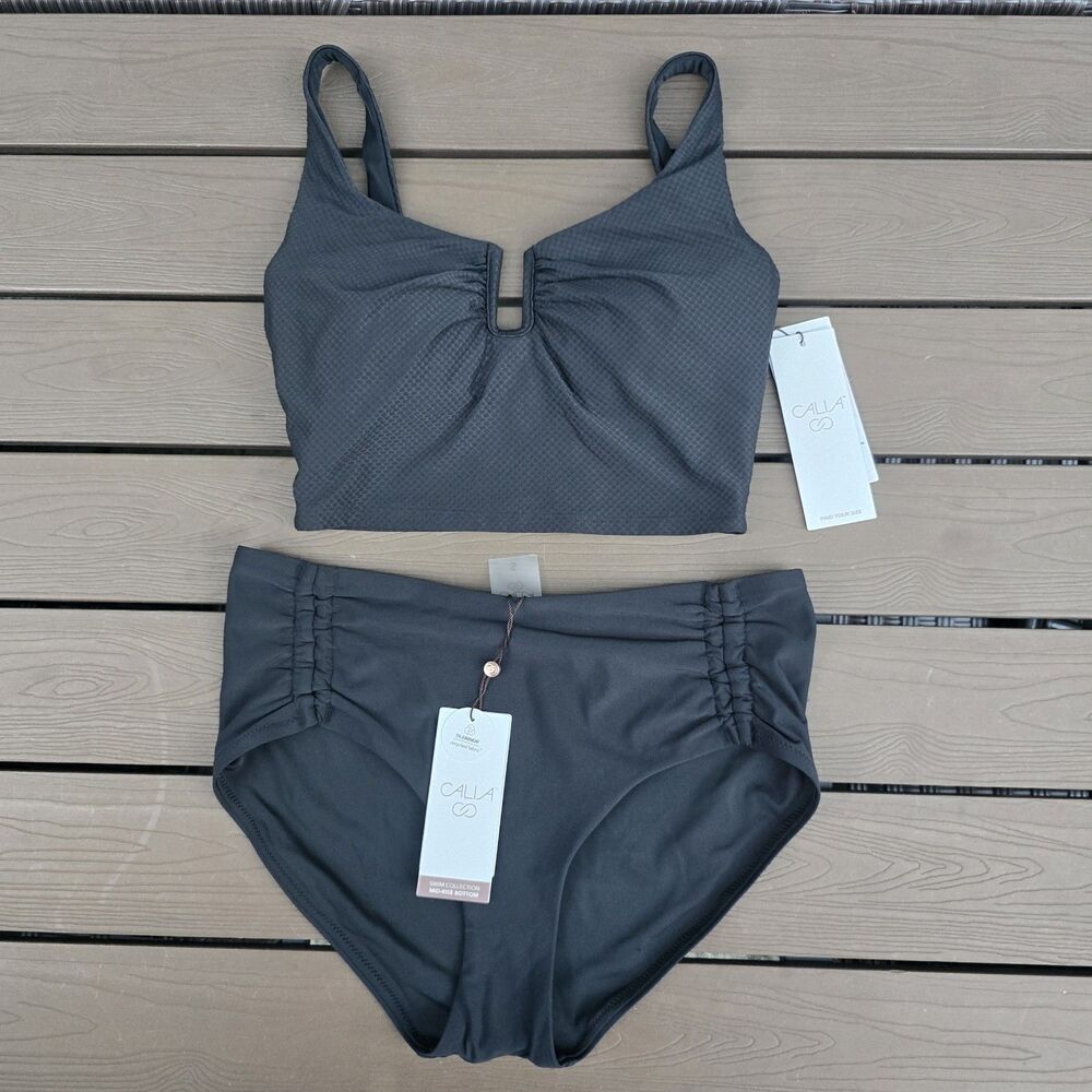 CALIA Women's Pure Black Mesh U-Bar Top & Tie Front Bikini Bottom Sz S New